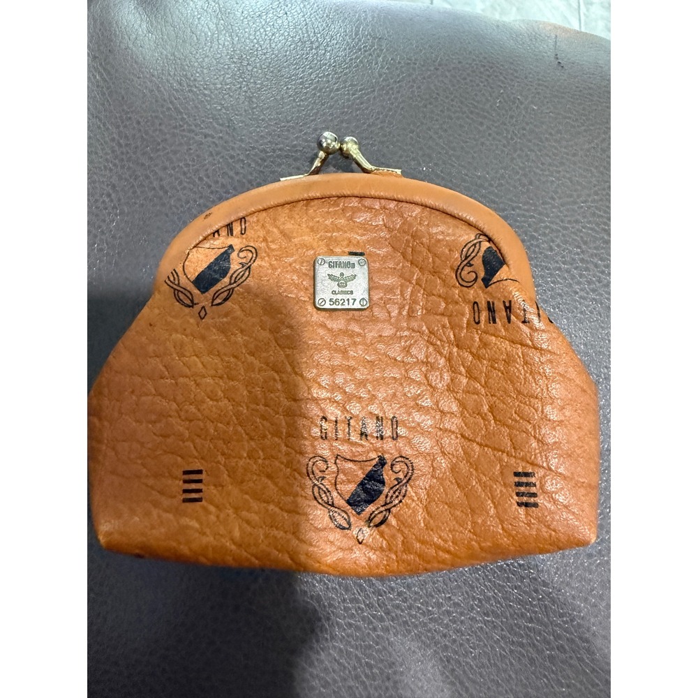 Gitano Classics Vintage Cognac Brown Logo Crest Kiss Lock Coin Purse 56217